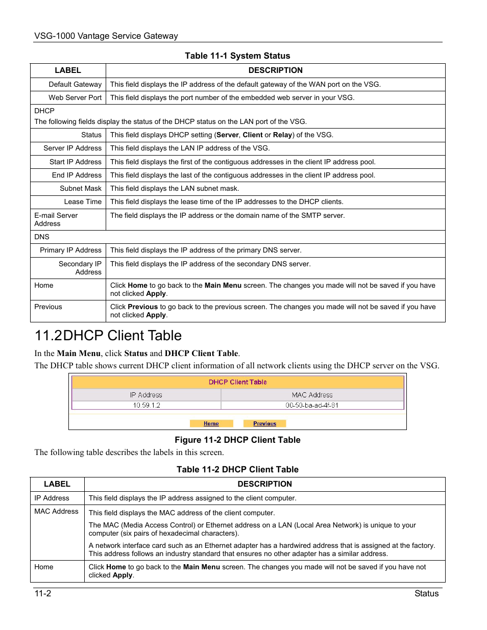 Dhcp client table, 2 dhcp client table | ZyXEL Communications ZyXEL Vantage VSG-1000 User Manual | Page 82 / 131