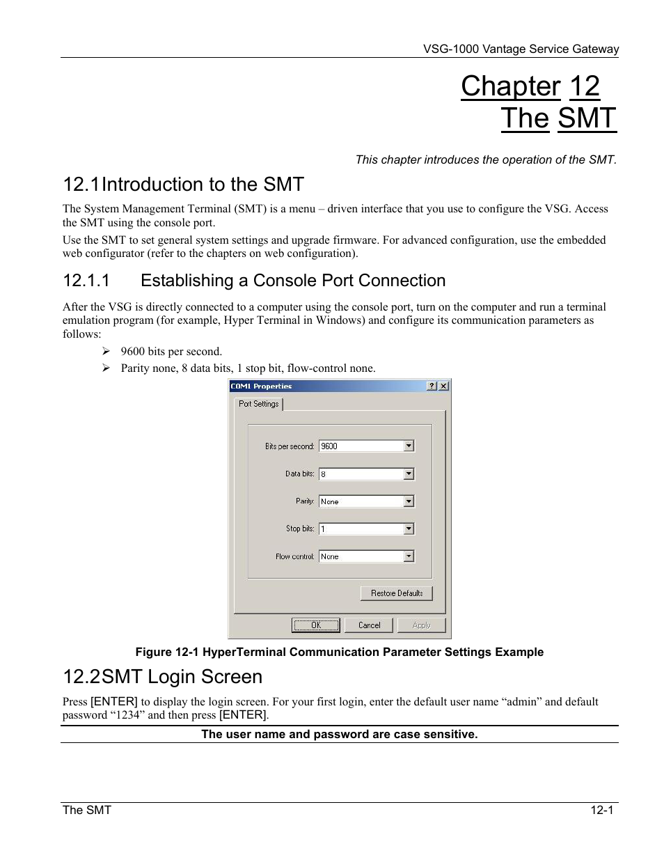 The smt, Introduction to the smt, Establishing a console port connection | Smt login screen, Chapter 12 the smt, 1 introduction to the smt, 2 smt login screen | ZyXEL Communications ZyXEL Vantage VSG-1000 User Manual | Page 87 / 131