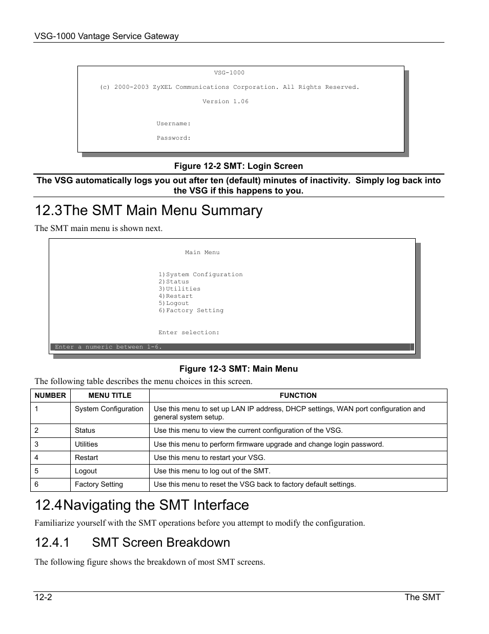 The smt main menu summary, Navigating the smt interface, Smt screen breakdown | 3 the smt main menu summary, 4 navigating the smt interface, 1 smt screen breakdown | ZyXEL Communications ZyXEL Vantage VSG-1000 User Manual | Page 88 / 131