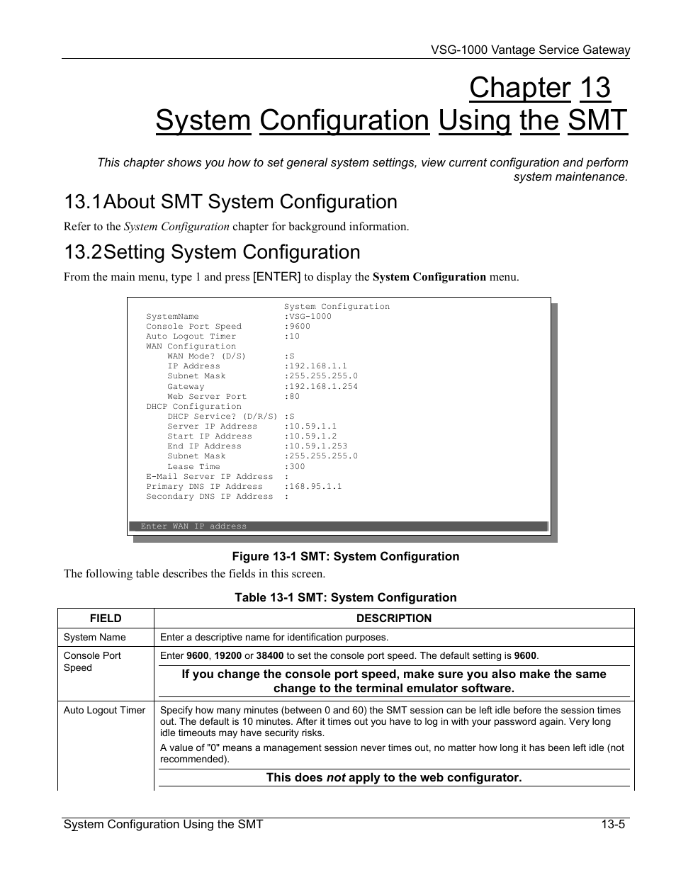 System configuration using the smt, About smt system configuration, Setting system configuration | Chapter 13 system configuration using the smt, 1 about smt system configuration, 2 setting system configuration | ZyXEL Communications ZyXEL Vantage VSG-1000 User Manual | Page 91 / 131