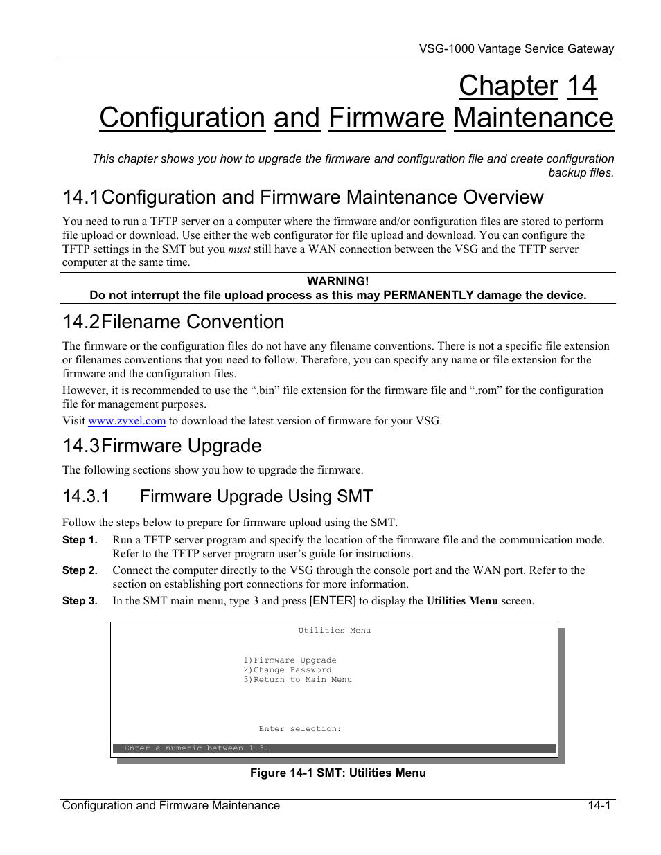 Configuration and firmware maintenance, Configuration and firmware maintenance overview, Filename convention | Firmware upgrade, Firmware upgrade using smt, Chapter 14 configuration and firmware maintenance, 1 configuration and firmware maintenance overview, 2 filename convention, 3 firmware upgrade, 1 firmware upgrade using smt | ZyXEL Communications ZyXEL Vantage VSG-1000 User Manual | Page 97 / 131