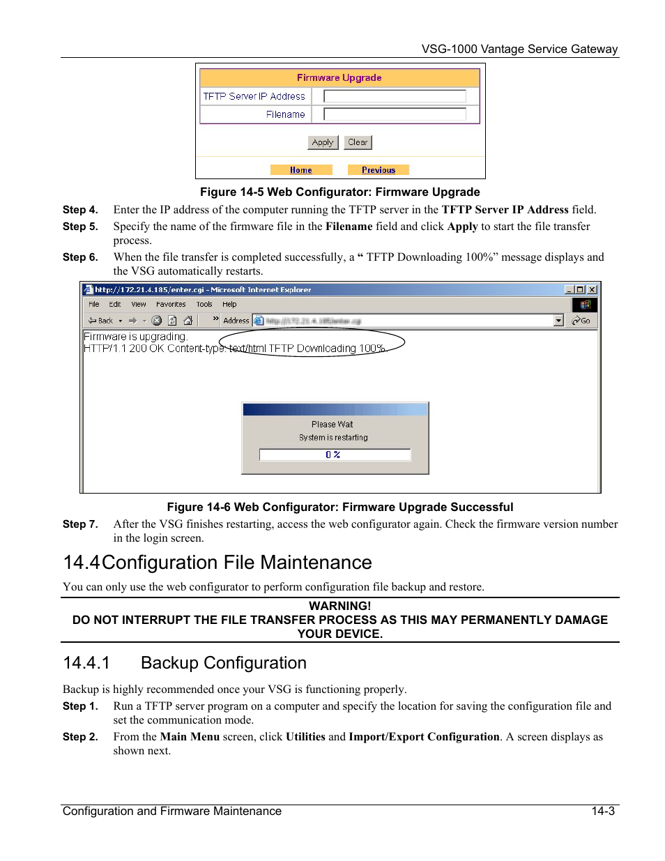 Configuration file maintenance, Backup configuration, 4 configuration file maintenance | 1 backup configuration | ZyXEL Communications ZyXEL Vantage VSG-1000 User Manual | Page 99 / 131