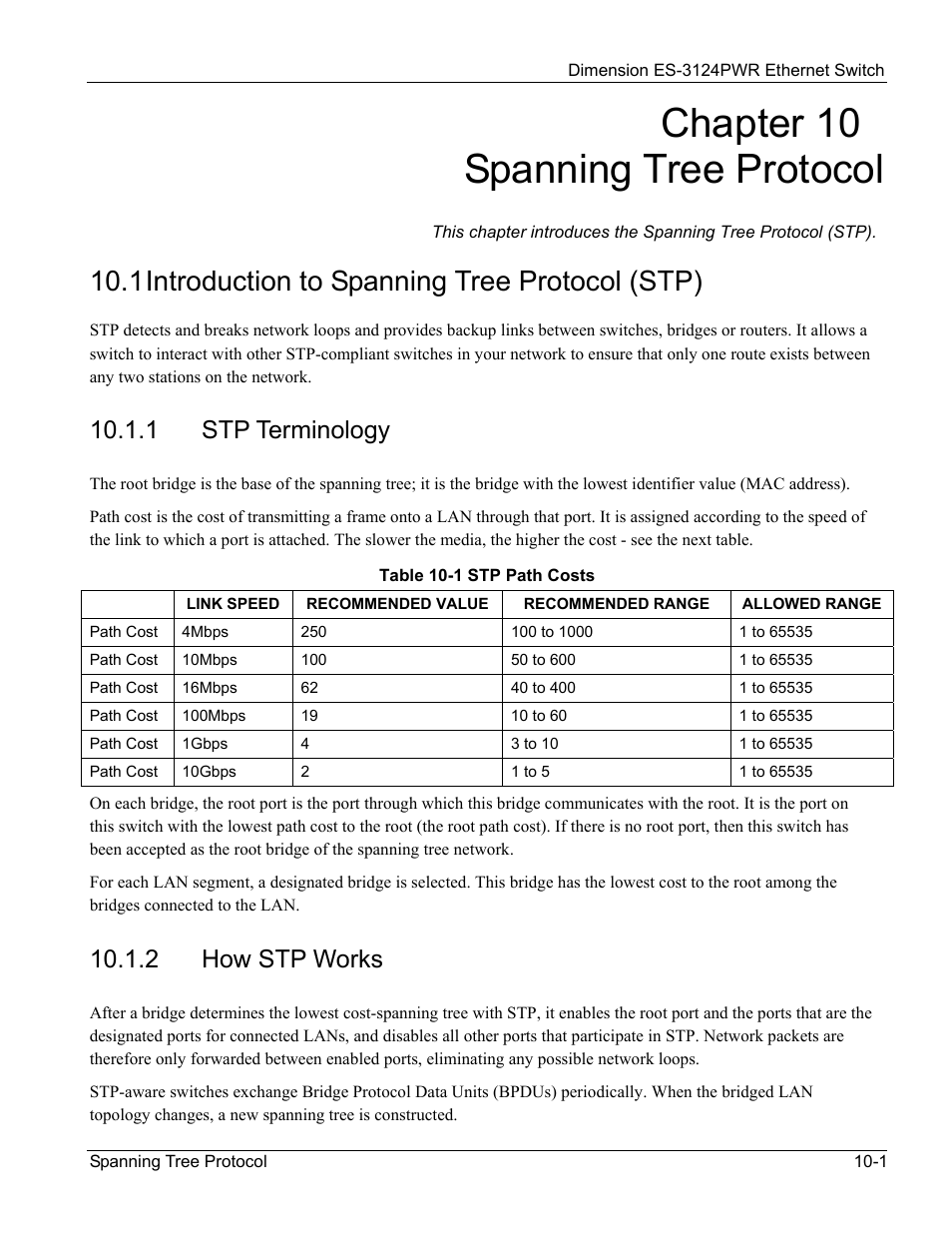 Spanning tree protocol, 1 introduction to spanning tree protocol (stp), Chapter 10 spanning tree protocol | 1 stp terminology, 2 how stp works | ZyXEL Communications ES-3124PWR User Manual | Page 101 / 258