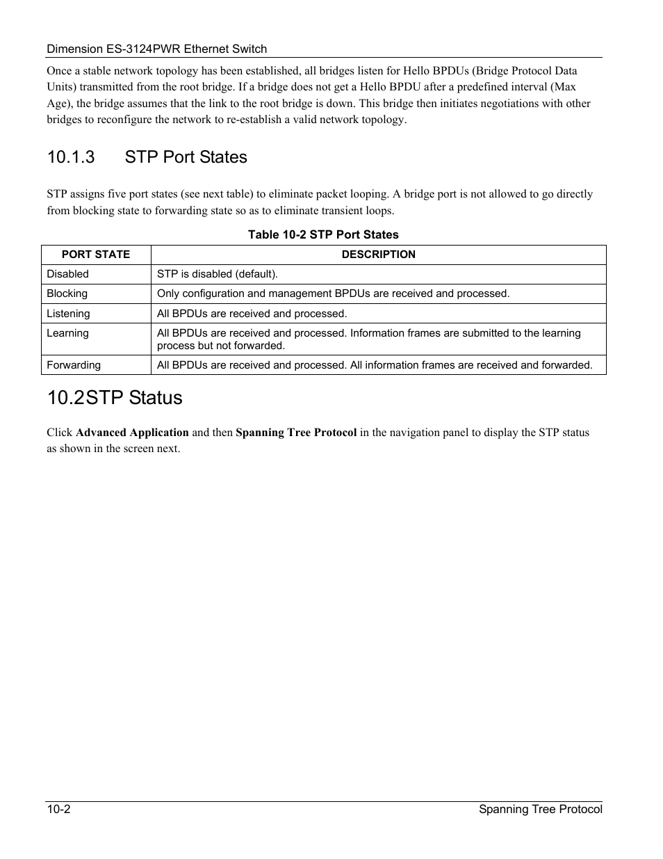 2 stp status, 3 stp port states | ZyXEL Communications ES-3124PWR User Manual | Page 102 / 258