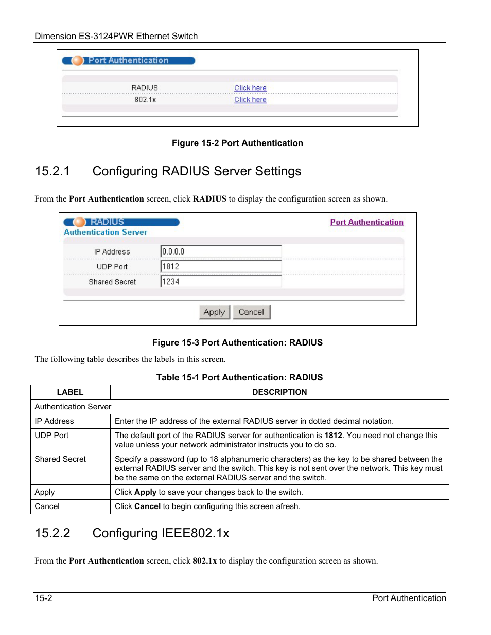 1 configuring radius server settings | ZyXEL Communications ES-3124PWR User Manual | Page 126 / 258