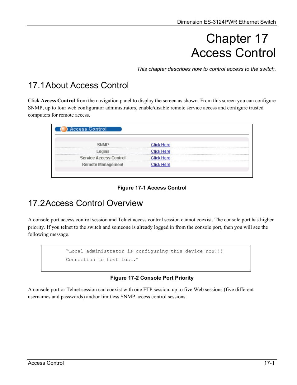 17 access control, 1 about access control, 2 access control overview | Chapter 17 access control | ZyXEL Communications ES-3124PWR User Manual | Page 133 / 258