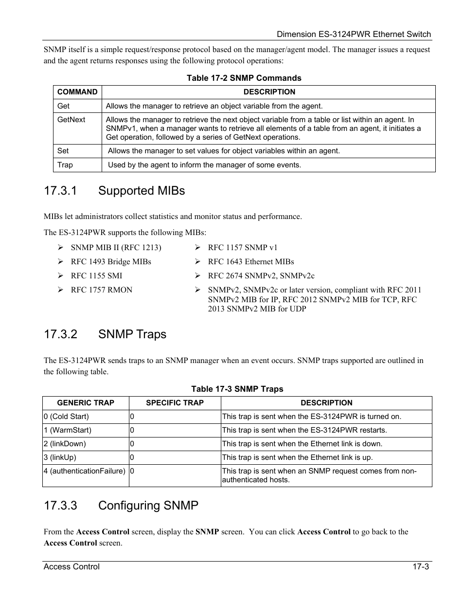 1 supported mibs, 2 snmp traps, 3 configuring snmp | ZyXEL Communications ES-3124PWR User Manual | Page 135 / 258