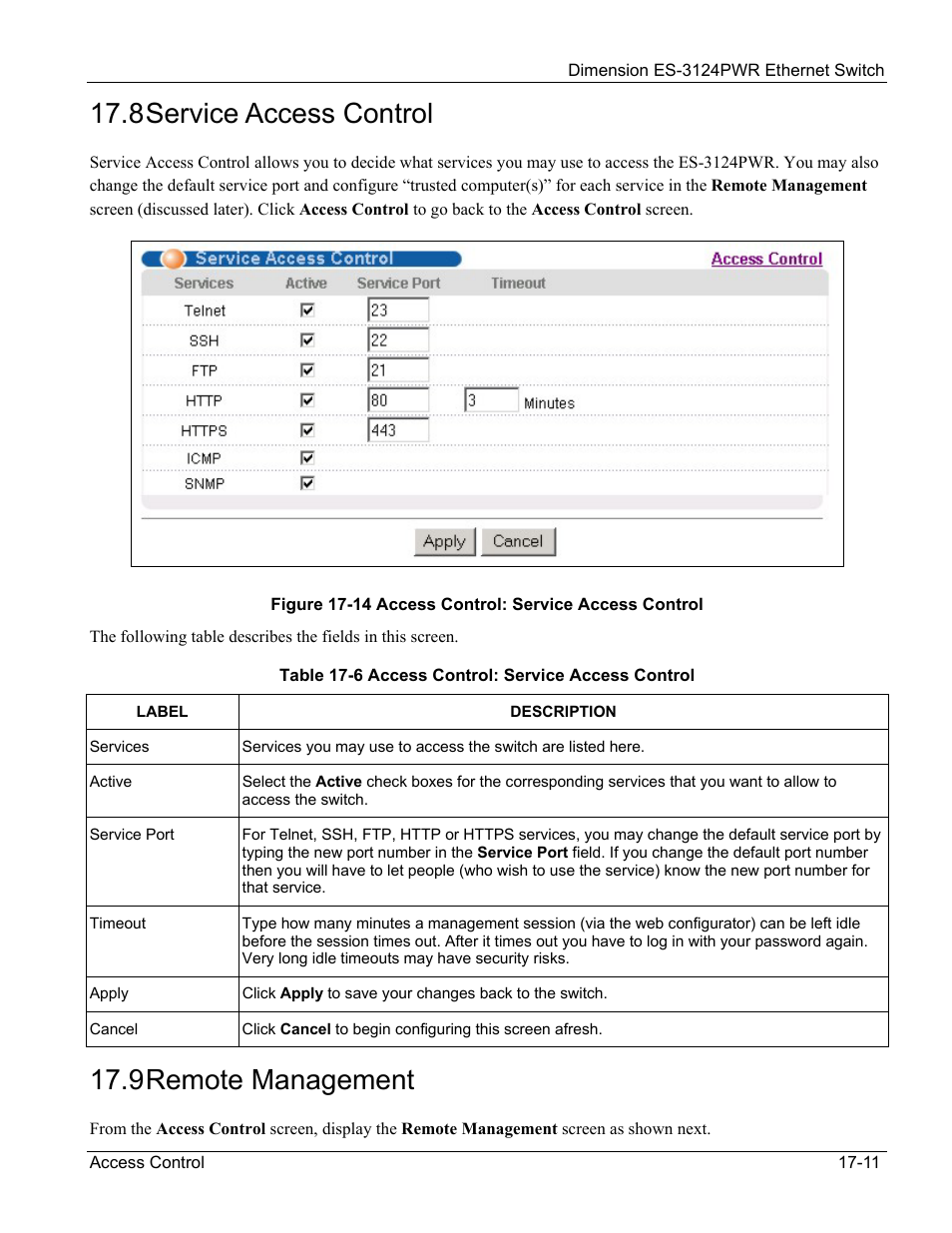 8 service access control, 9 remote management | ZyXEL Communications ES-3124PWR User Manual | Page 143 / 258