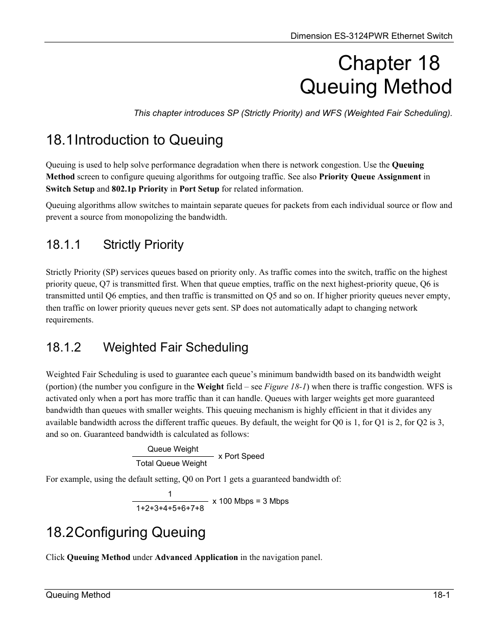 18 queuing method, 1 introduction to queuing, 2 configuring queuing | Chapter 18 queuing method, 1 strictly priority, 2 weighted fair scheduling | ZyXEL Communications ES-3124PWR User Manual | Page 145 / 258