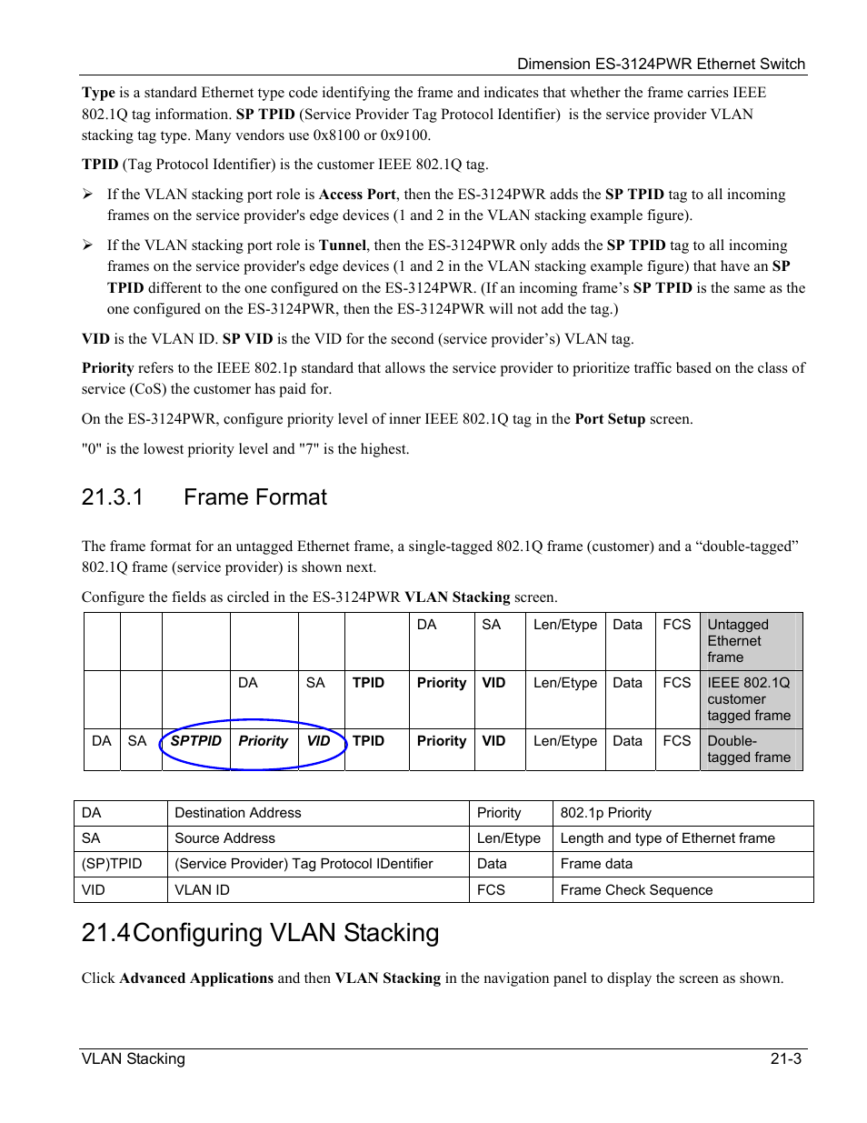4 configuring vlan stacking, 1 frame format | ZyXEL Communications ES-3124PWR User Manual | Page 163 / 258