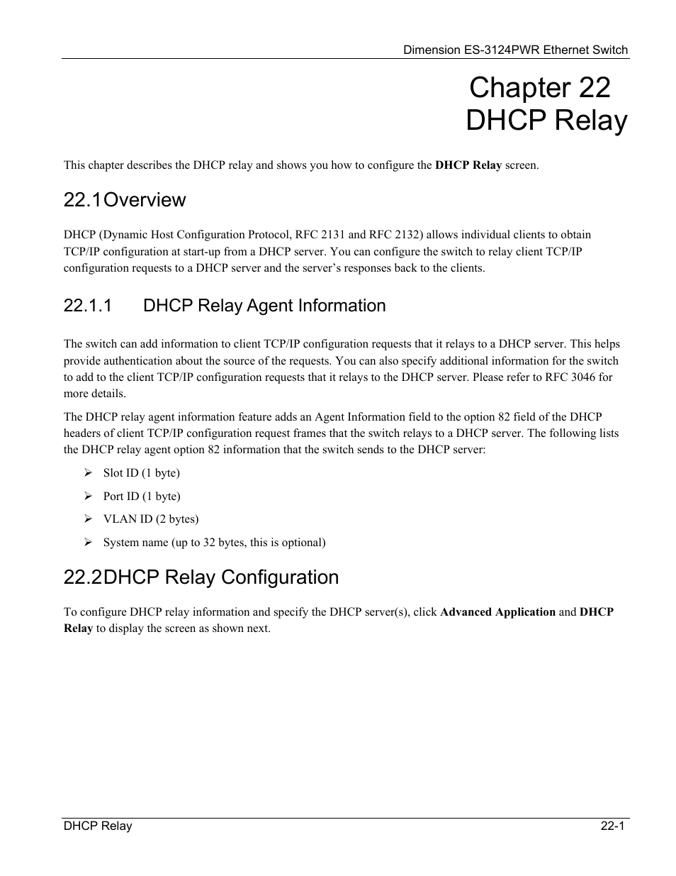 22 dhcp relay, 1 overview, 2 dhcp relay configuration | Chapter 22 dhcp relay | ZyXEL Communications ES-3124PWR User Manual | Page 167 / 258