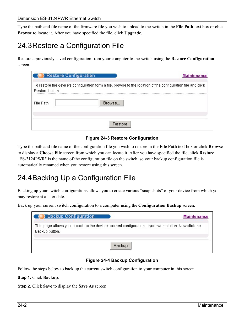 3 restore a configuration file, 4 backing up a configuration file | ZyXEL Communications ES-3124PWR User Manual | Page 176 / 258