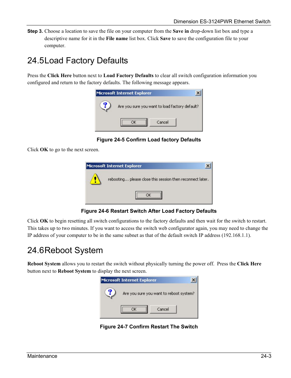 5 load factory defaults, 6 reboot system | ZyXEL Communications ES-3124PWR User Manual | Page 177 / 258