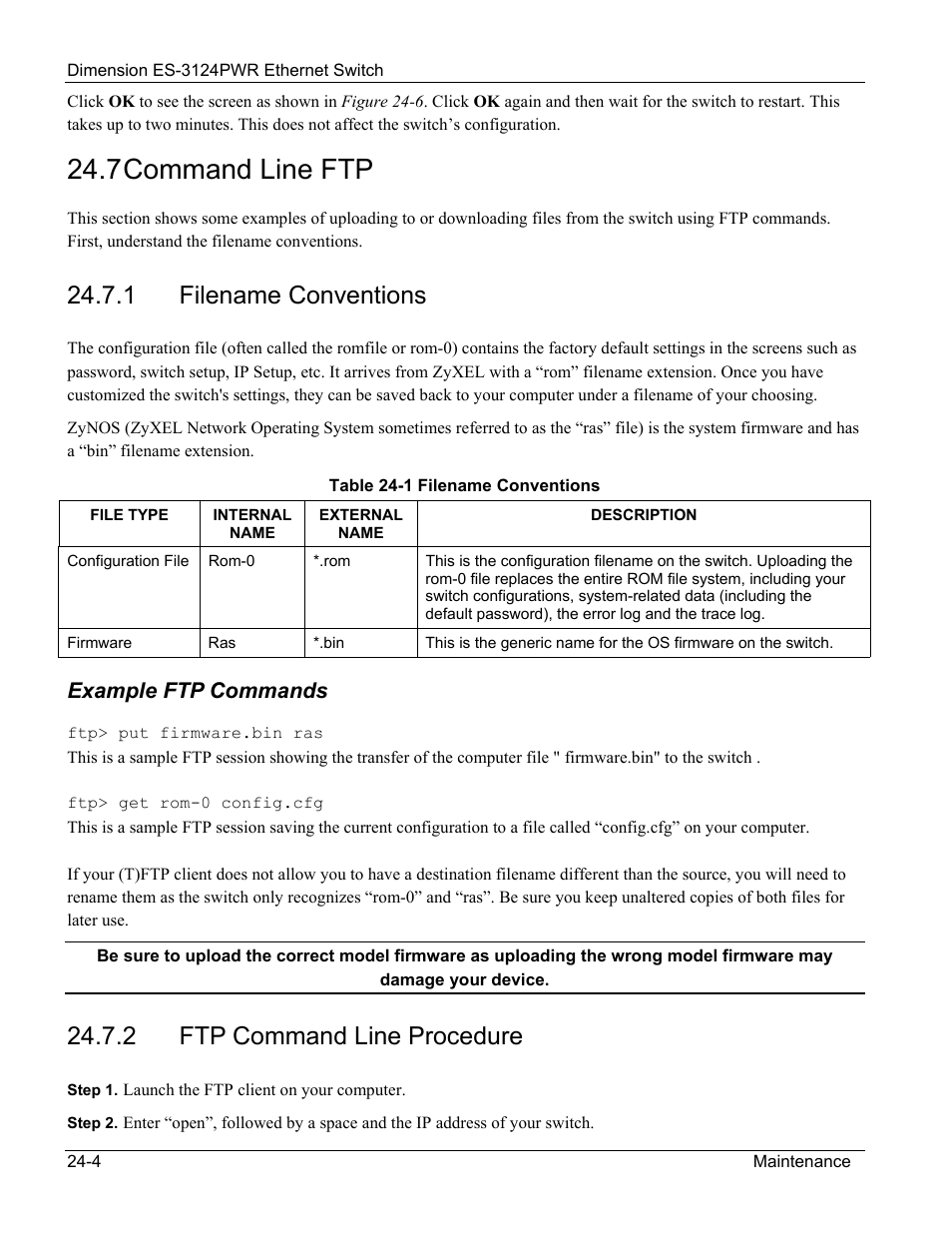 7 command line ftp, 1 filename conventions, 2 ftp command line procedure | Example ftp commands | ZyXEL Communications ES-3124PWR User Manual | Page 178 / 258