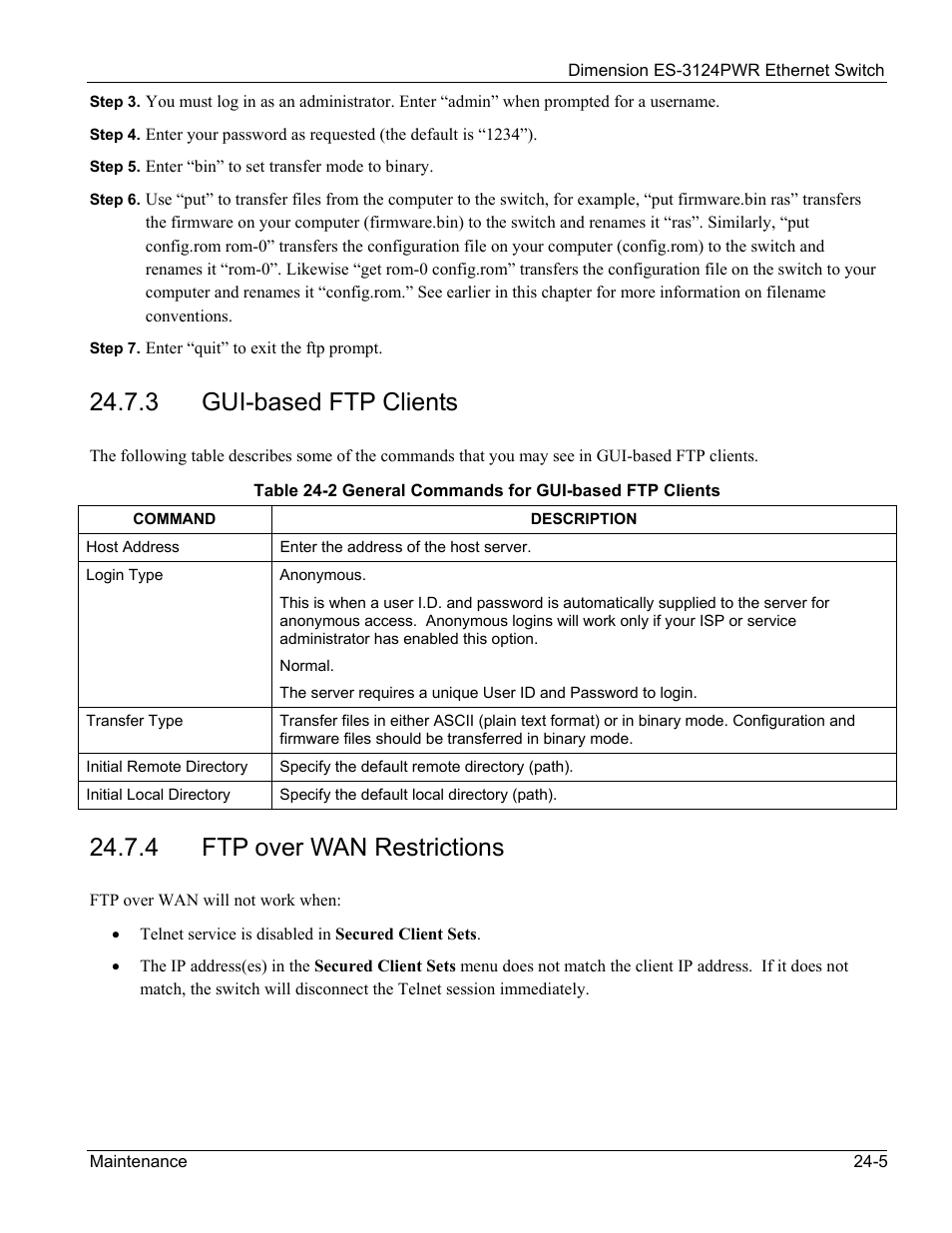 3 gui-based ftp clients, 4 ftp over wan restrictions | ZyXEL Communications ES-3124PWR User Manual | Page 179 / 258