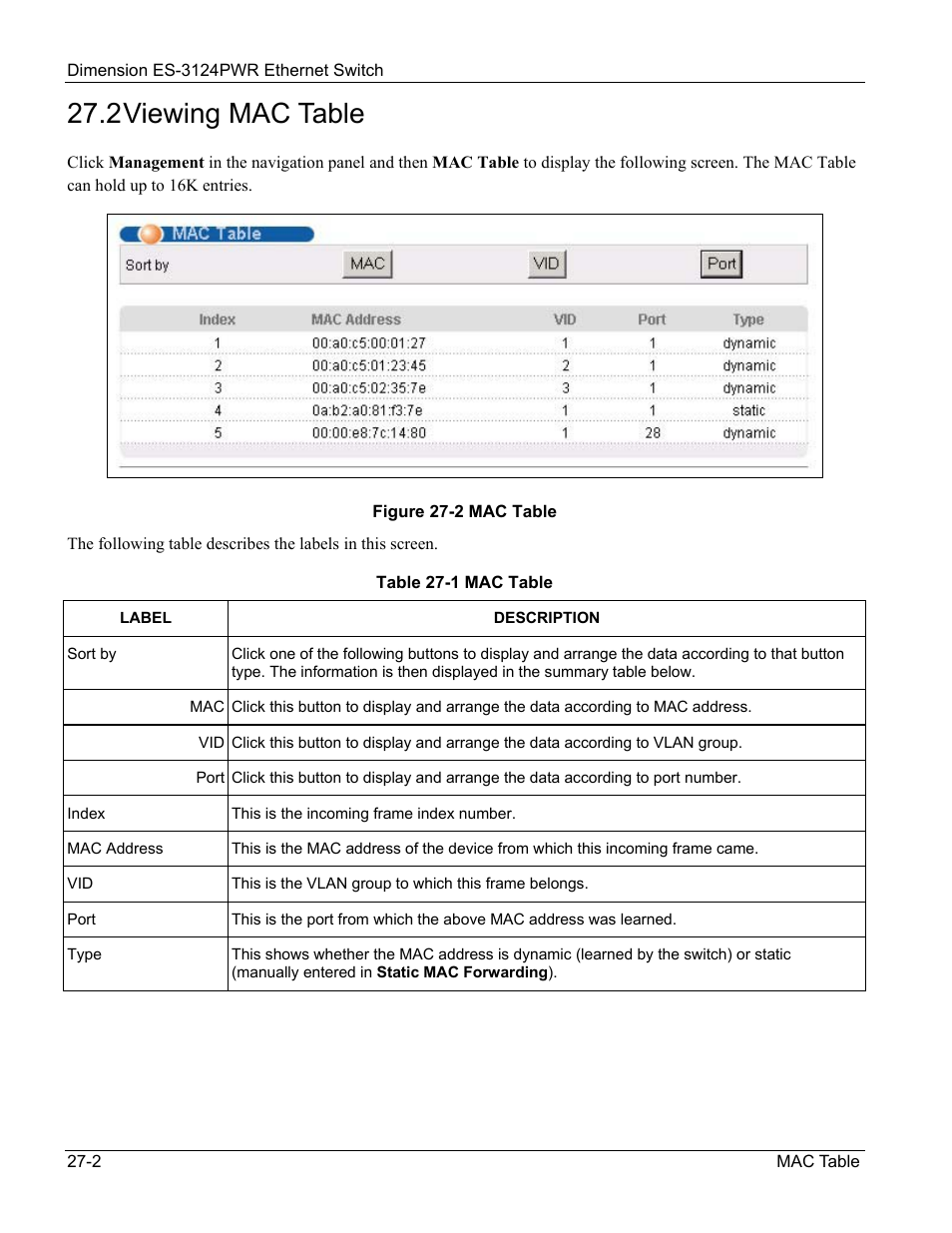 2 viewing mac table | ZyXEL Communications ES-3124PWR User Manual | Page 190 / 258