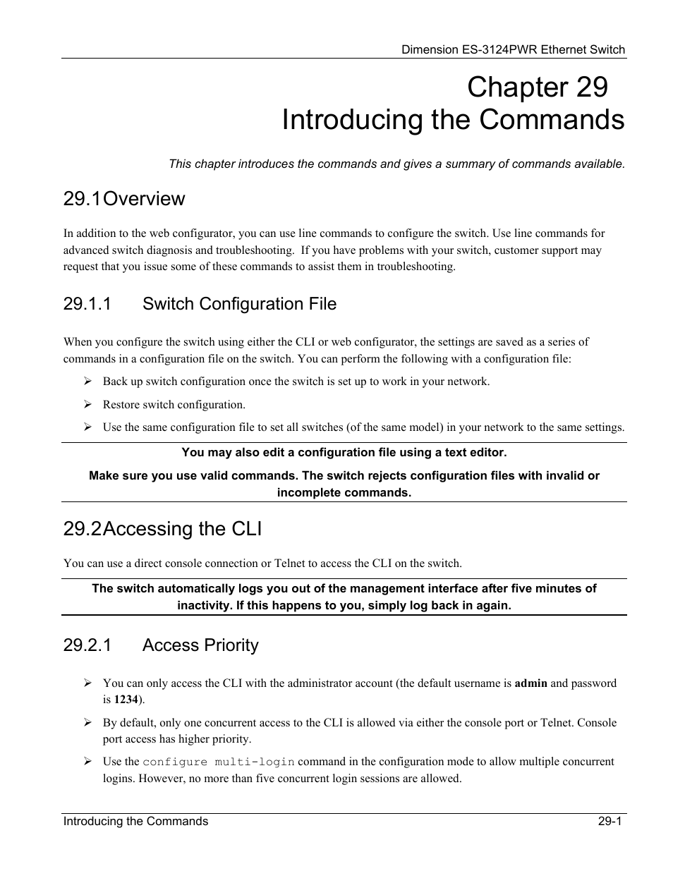 29 introducing the commands, 1 overview, 2 accessing the cli | Chapter 29 introducing the commands, 1 switch configuration file, 1 access priority | ZyXEL Communications ES-3124PWR User Manual | Page 195 / 258