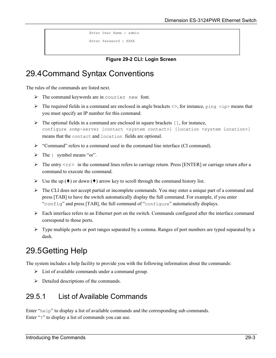 4 command syntax conventions, 5 getting help, 1 list of available commands | ZyXEL Communications ES-3124PWR User Manual | Page 197 / 258