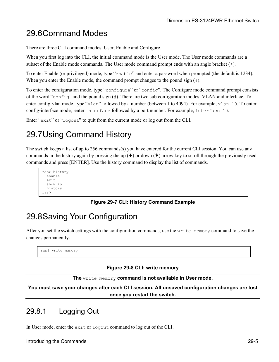 6 command modes, 7 using command history, 8 saving your configuration | 1 logging out | ZyXEL Communications ES-3124PWR User Manual | Page 199 / 258