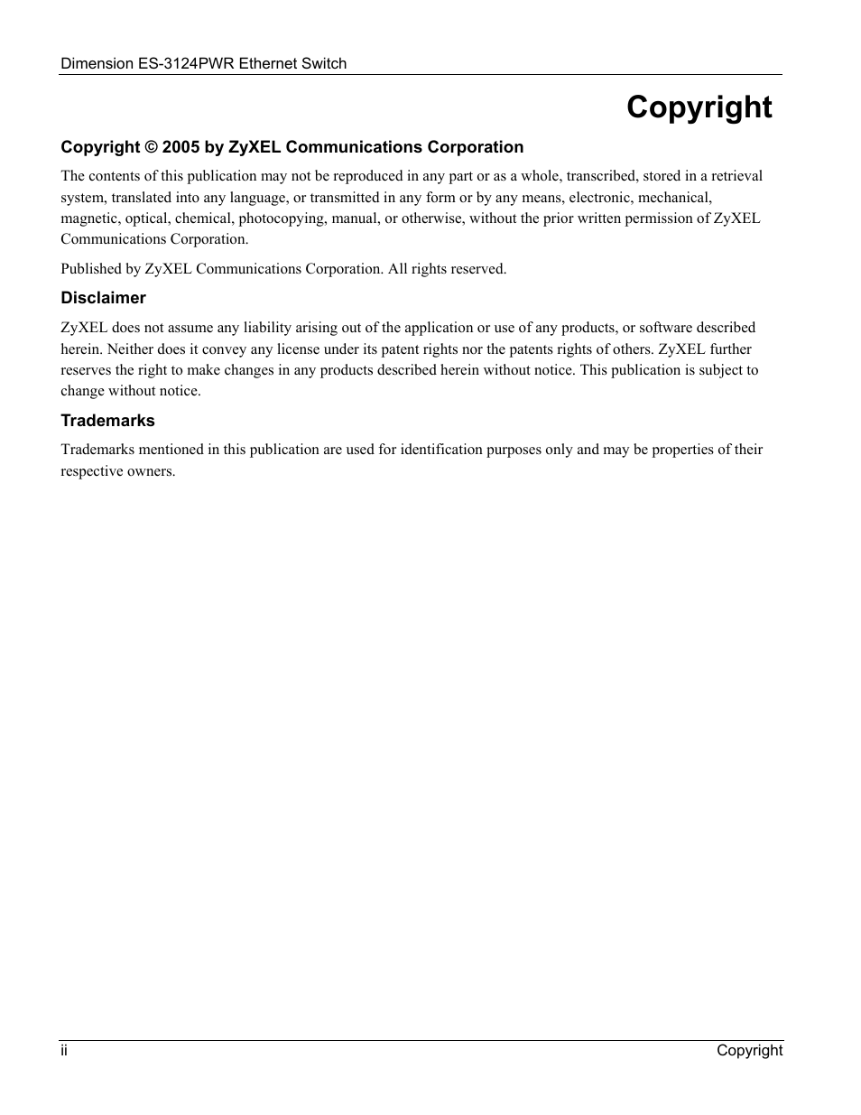 Copyright | ZyXEL Communications ES-3124PWR User Manual | Page 2 / 258