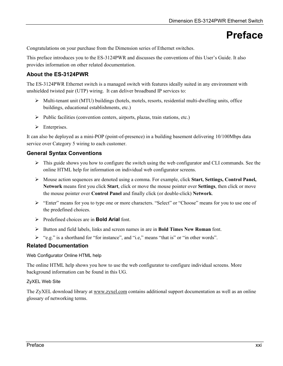 Preface | ZyXEL Communications ES-3124PWR User Manual | Page 21 / 258