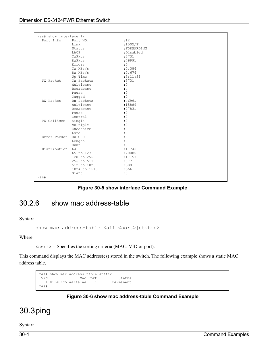 3 ping, 6 show mac address-table | ZyXEL Communications ES-3124PWR User Manual | Page 224 / 258