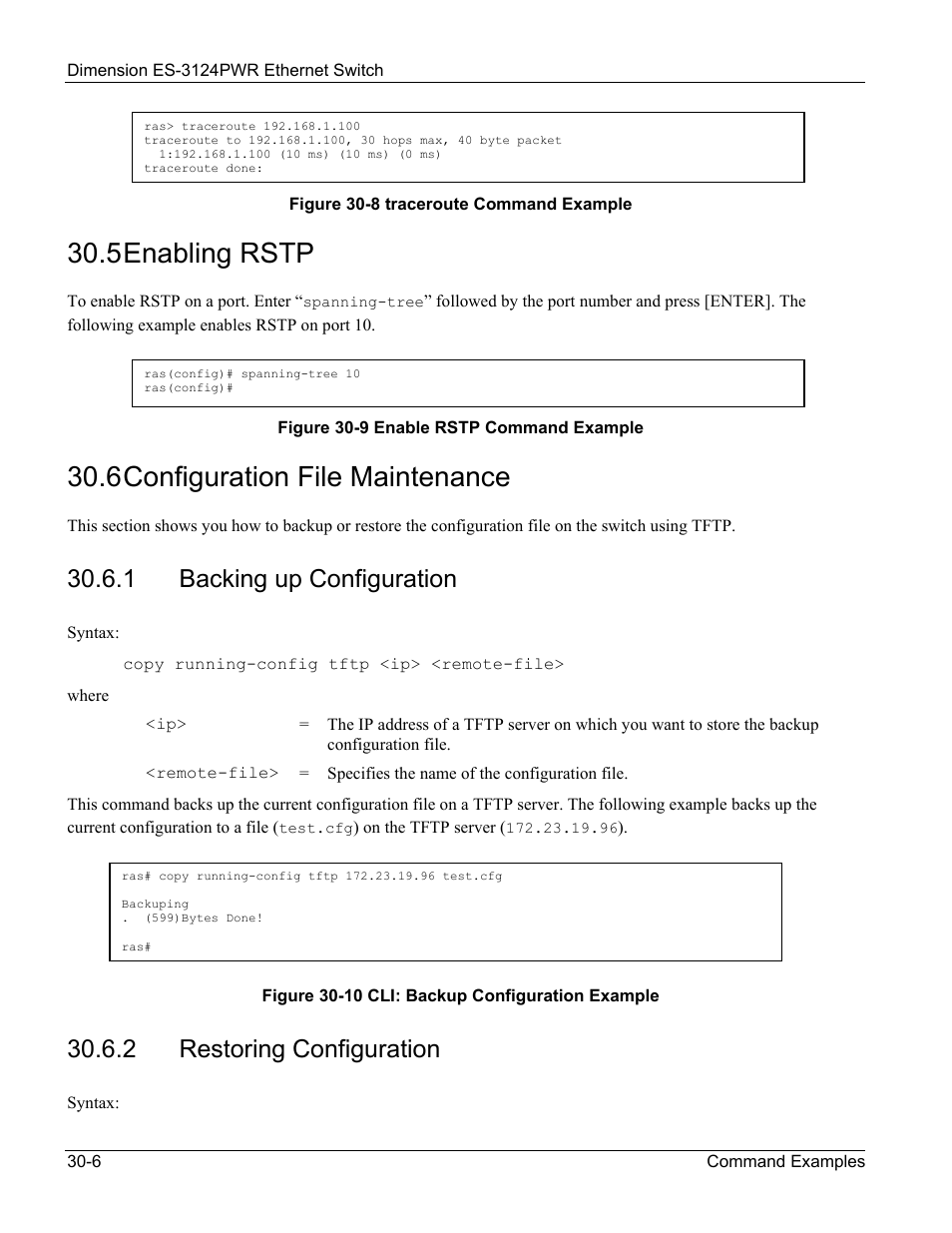 5 enabling rstp, 6 configuration file maintenance, 1 backing up configuration | 2 restoring configuration | ZyXEL Communications ES-3124PWR User Manual | Page 226 / 258