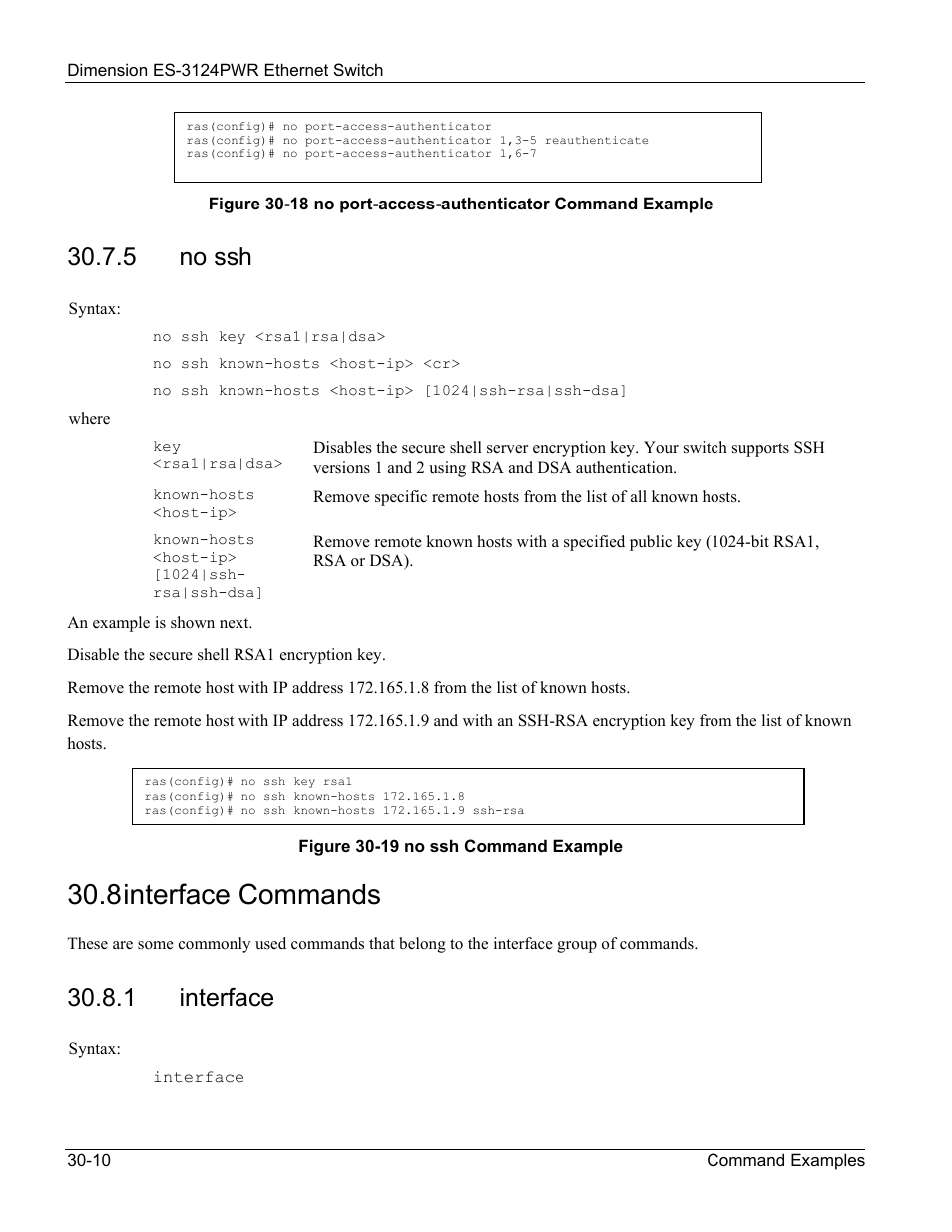 8 interface commands, 5 no ssh, 1 interface | ZyXEL Communications ES-3124PWR User Manual | Page 230 / 258