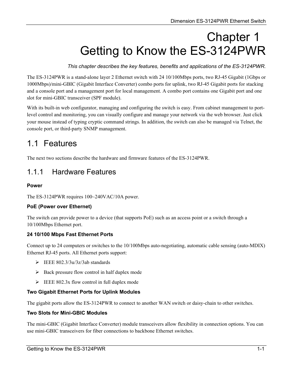 Getting to know the es-3124pwr, 1 features, 1 hardware features | ZyXEL Communications ES-3124PWR User Manual | Page 25 / 258