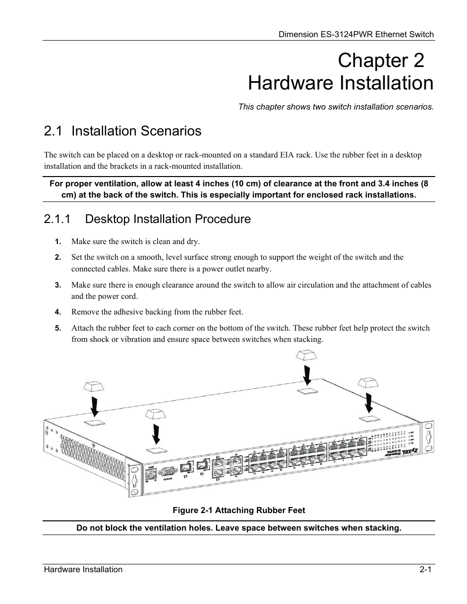 Hardware installation, 1 installation scenarios, Chapter 2 hardware installation | 1 desktop installation procedure | ZyXEL Communications ES-3124PWR User Manual | Page 33 / 258