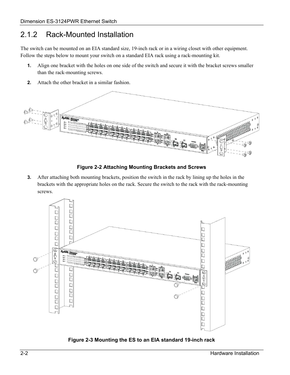 2 rack-mounted installation | ZyXEL Communications ES-3124PWR User Manual | Page 34 / 258