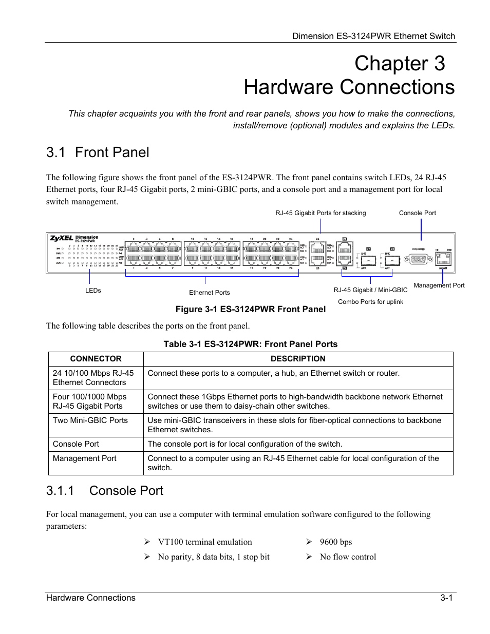 Hardware connections, 1 front panel, Chapter 3 hardware connections | 1 console port | ZyXEL Communications ES-3124PWR User Manual | Page 35 / 258
