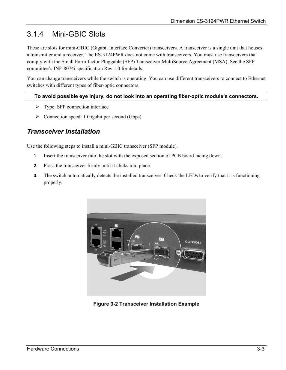 4 mini-gbic slots, Transceiver installation | ZyXEL Communications ES-3124PWR User Manual | Page 37 / 258