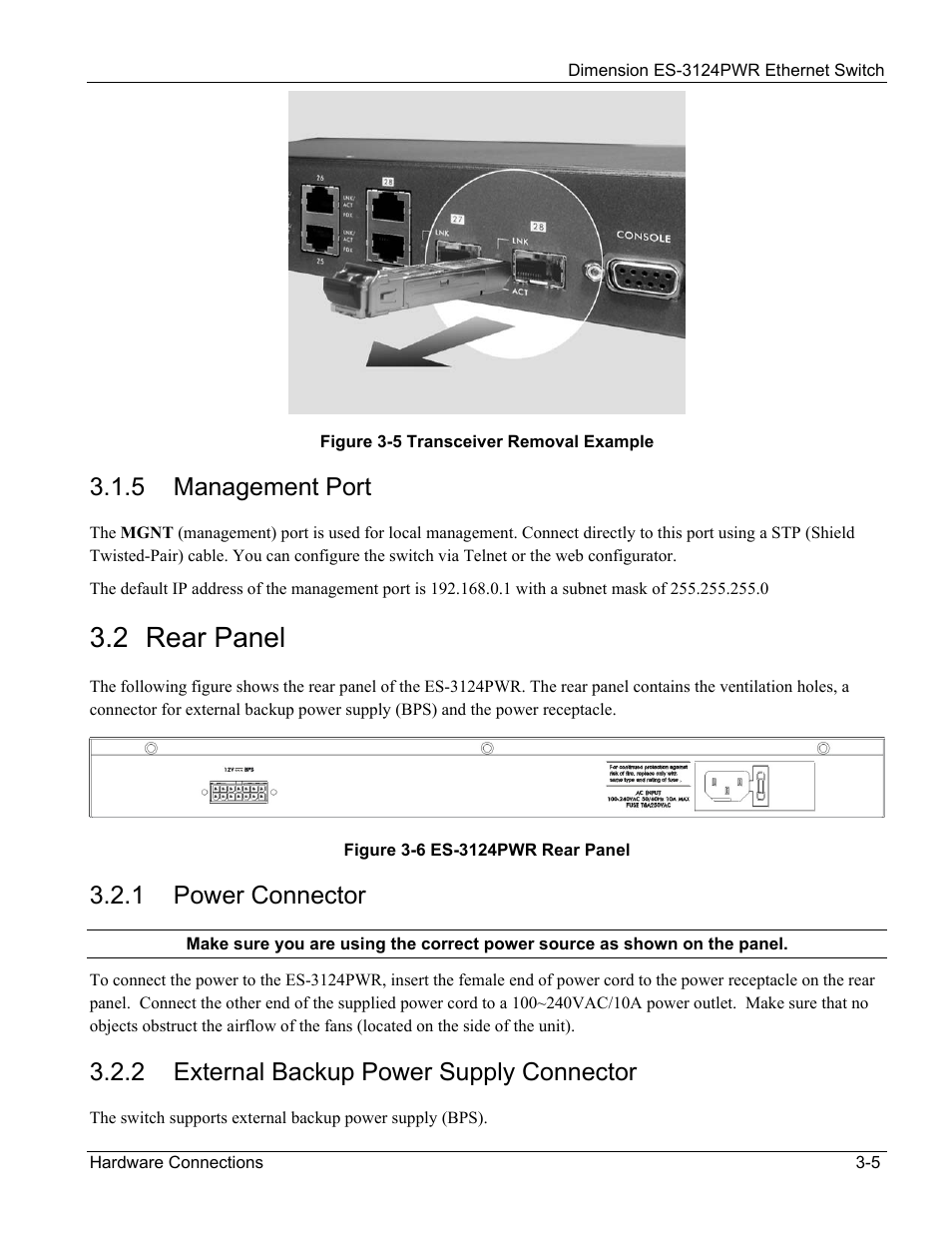 2 rear panel, 5 management port, 1 power connector | 2 external backup power supply connector | ZyXEL Communications ES-3124PWR User Manual | Page 39 / 258