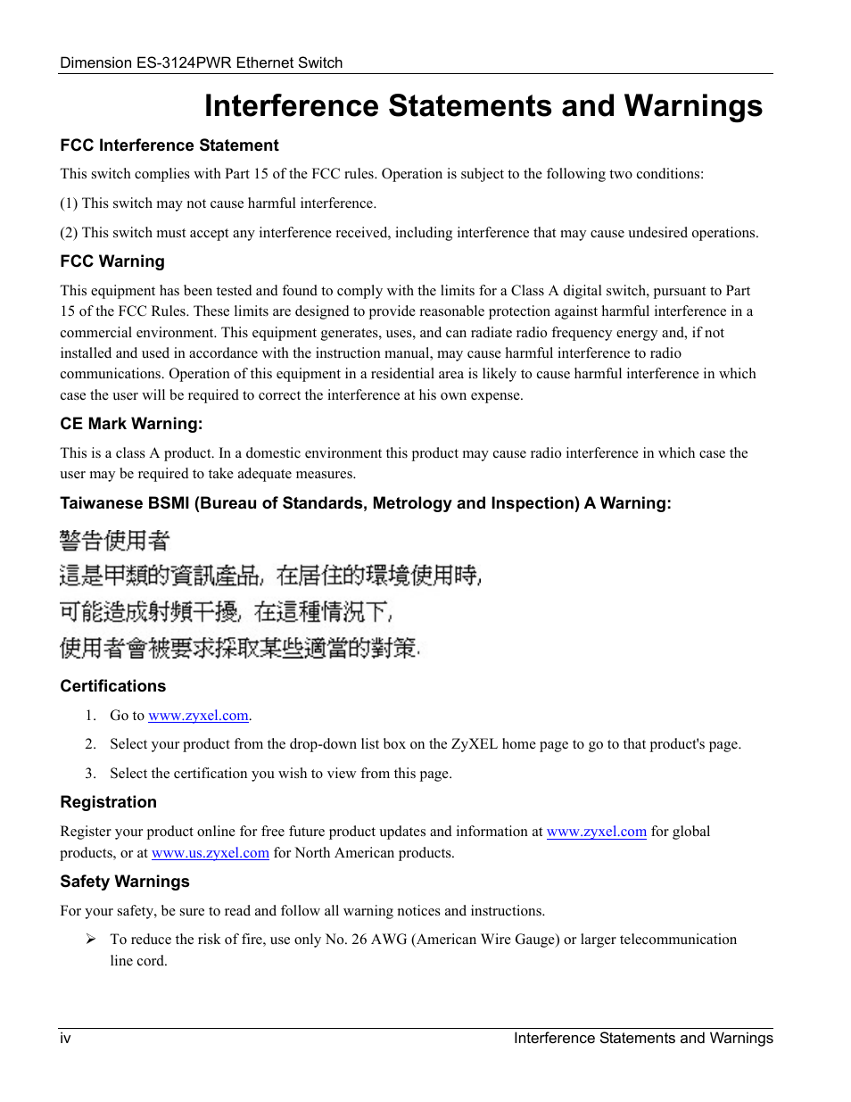 Interference statements and warnings | ZyXEL Communications ES-3124PWR User Manual | Page 4 / 258