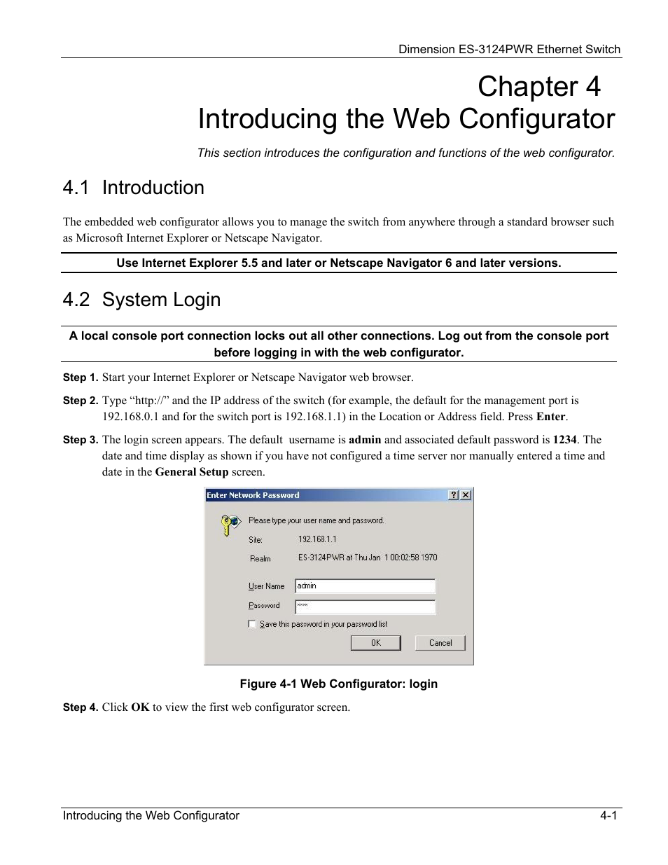 Introducing the web configurator, 1 introduction, 2 system login | Chapter 4 introducing the web configurator | ZyXEL Communications ES-3124PWR User Manual | Page 47 / 258