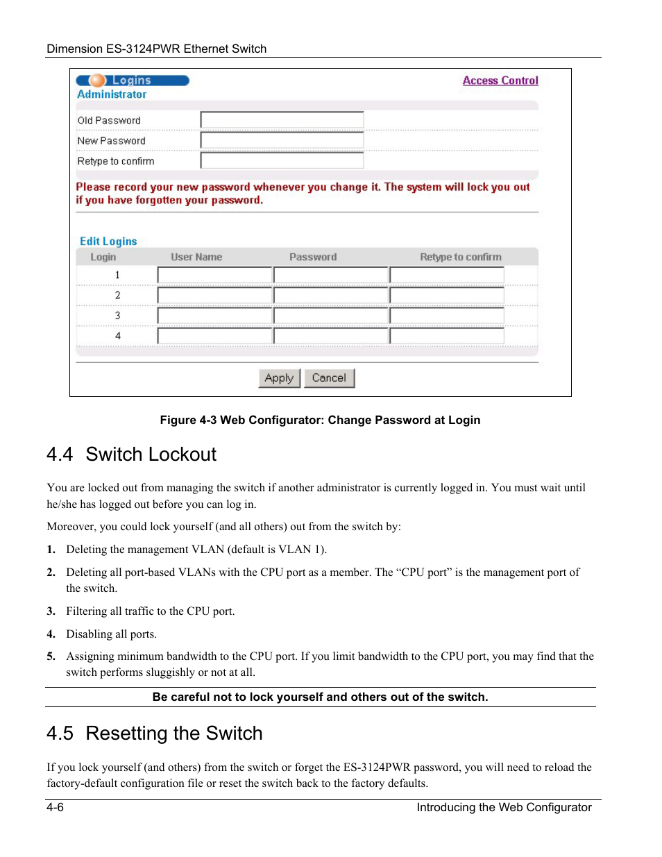 4 switch lockout, 5 resetting the switch | ZyXEL Communications ES-3124PWR User Manual | Page 52 / 258