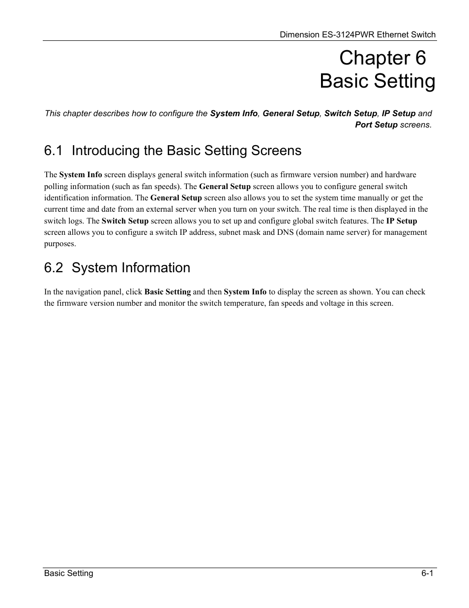 Basic setting, 1 introducing the basic setting screens, 2 system information | Chapter 6 basic setting | ZyXEL Communications ES-3124PWR User Manual | Page 65 / 258