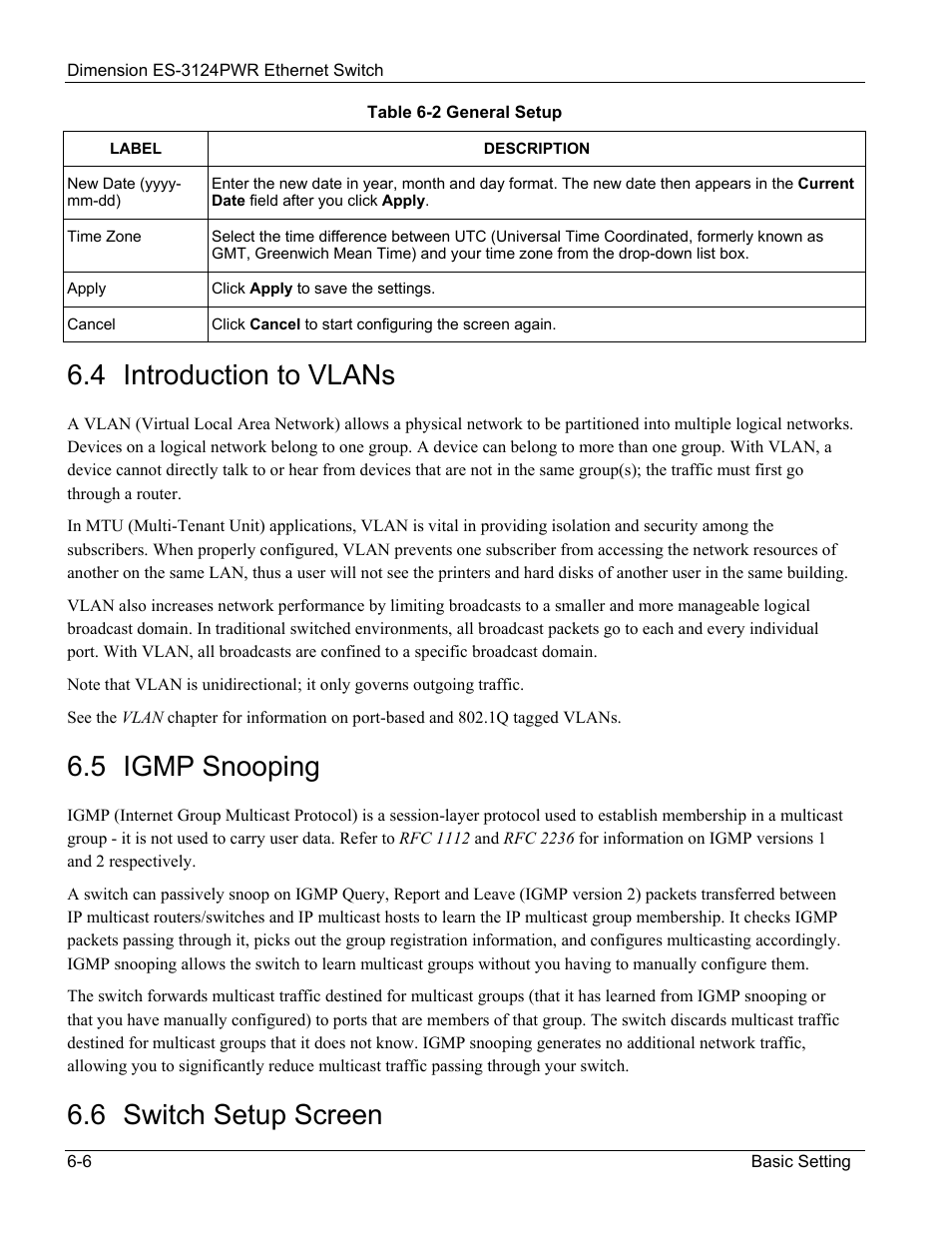 4 introduction to vlans, 5 igmp snooping, 6 switch setup screen | ZyXEL Communications ES-3124PWR User Manual | Page 70 / 258