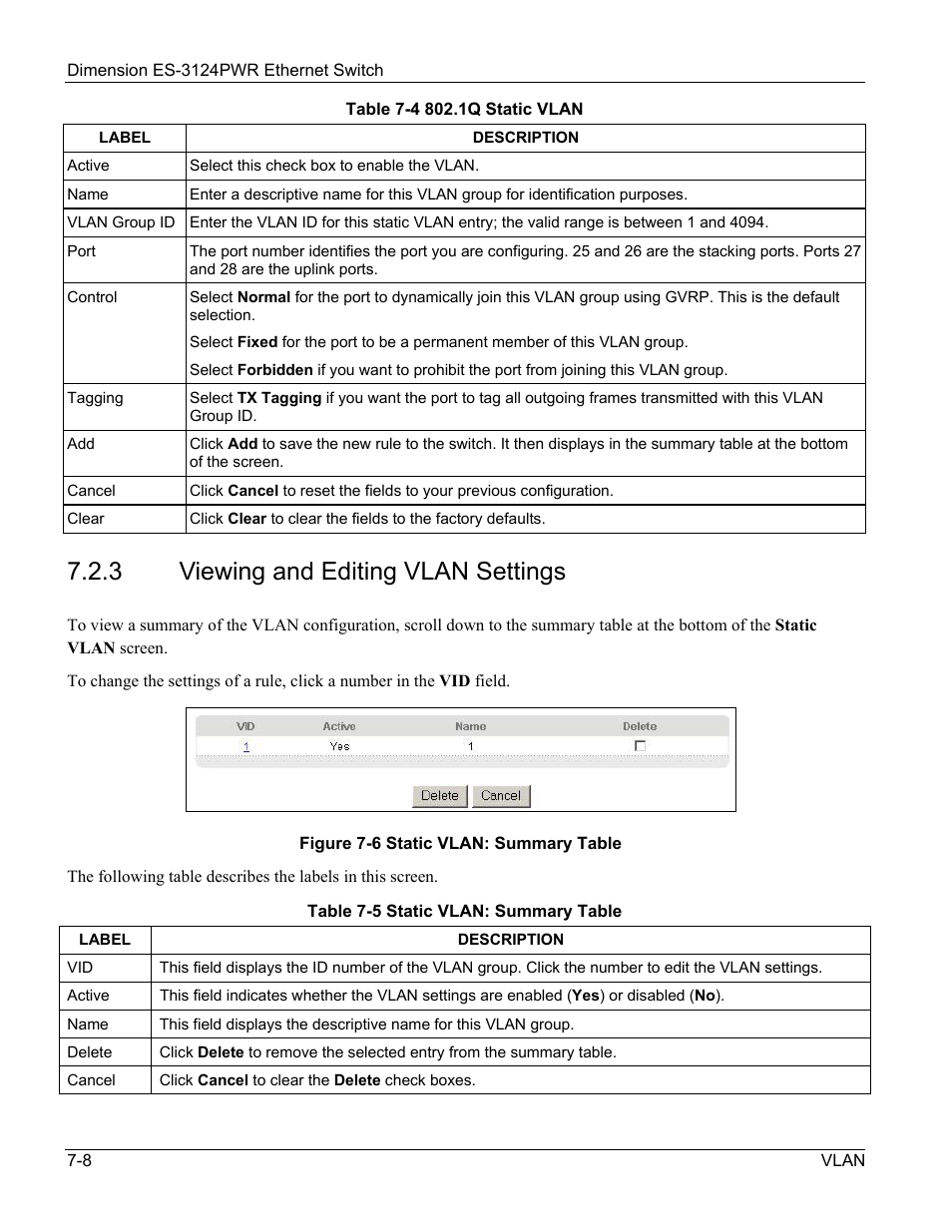 3 viewing and editing vlan settings | ZyXEL Communications ES-3124PWR User Manual | Page 88 / 258