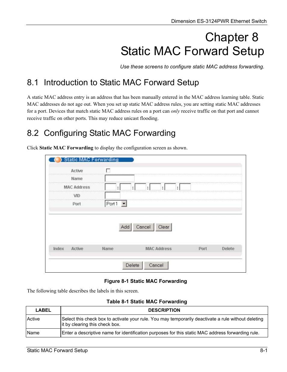 Static mac forward setup, 1 introduction to static mac forward setup, 2 configuring static mac forwarding | Chapter 8 static mac forward setup | ZyXEL Communications ES-3124PWR User Manual | Page 95 / 258