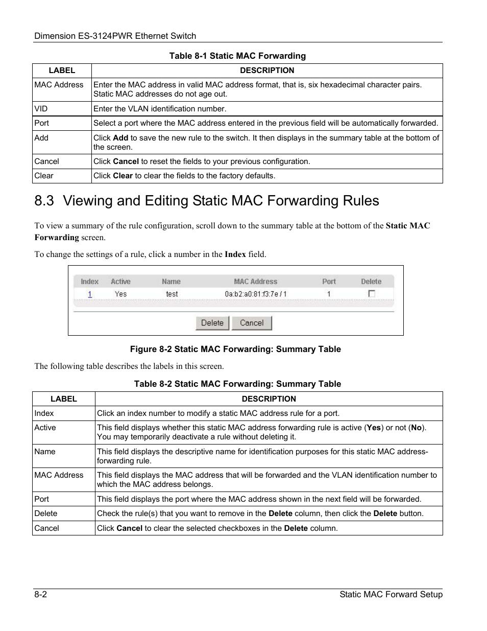 3 viewing and editing static mac forwarding rules | ZyXEL Communications ES-3124PWR User Manual | Page 96 / 258
