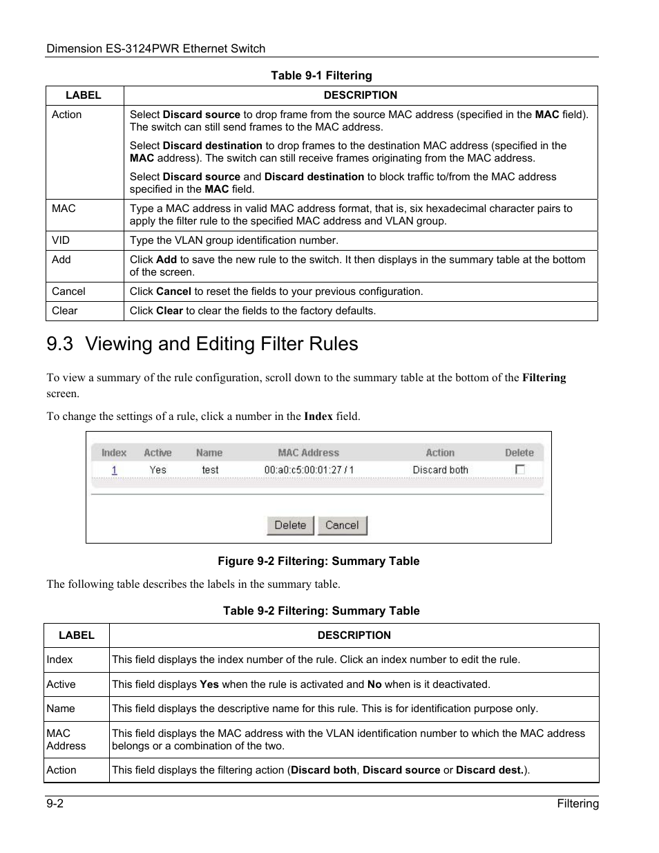 3 viewing and editing filter rules | ZyXEL Communications ES-3124PWR User Manual | Page 98 / 258