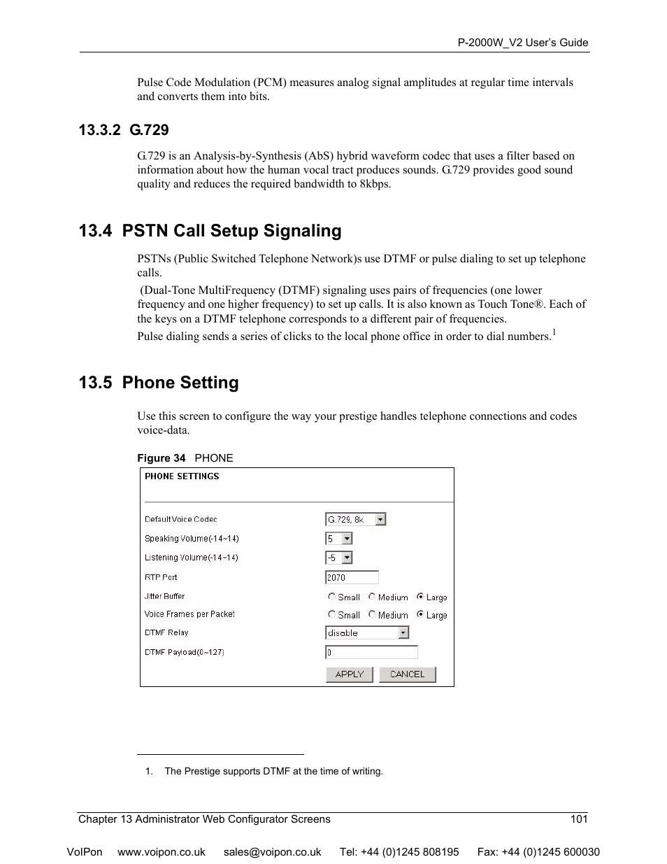 2 g.729, 4 pstn call setup signaling, 5 phone setting | 4 pstn call setup signaling 13.5 phone setting, Figure 34 phone | ZyXEL Communications P2000W User Manual | Page 101 / 131