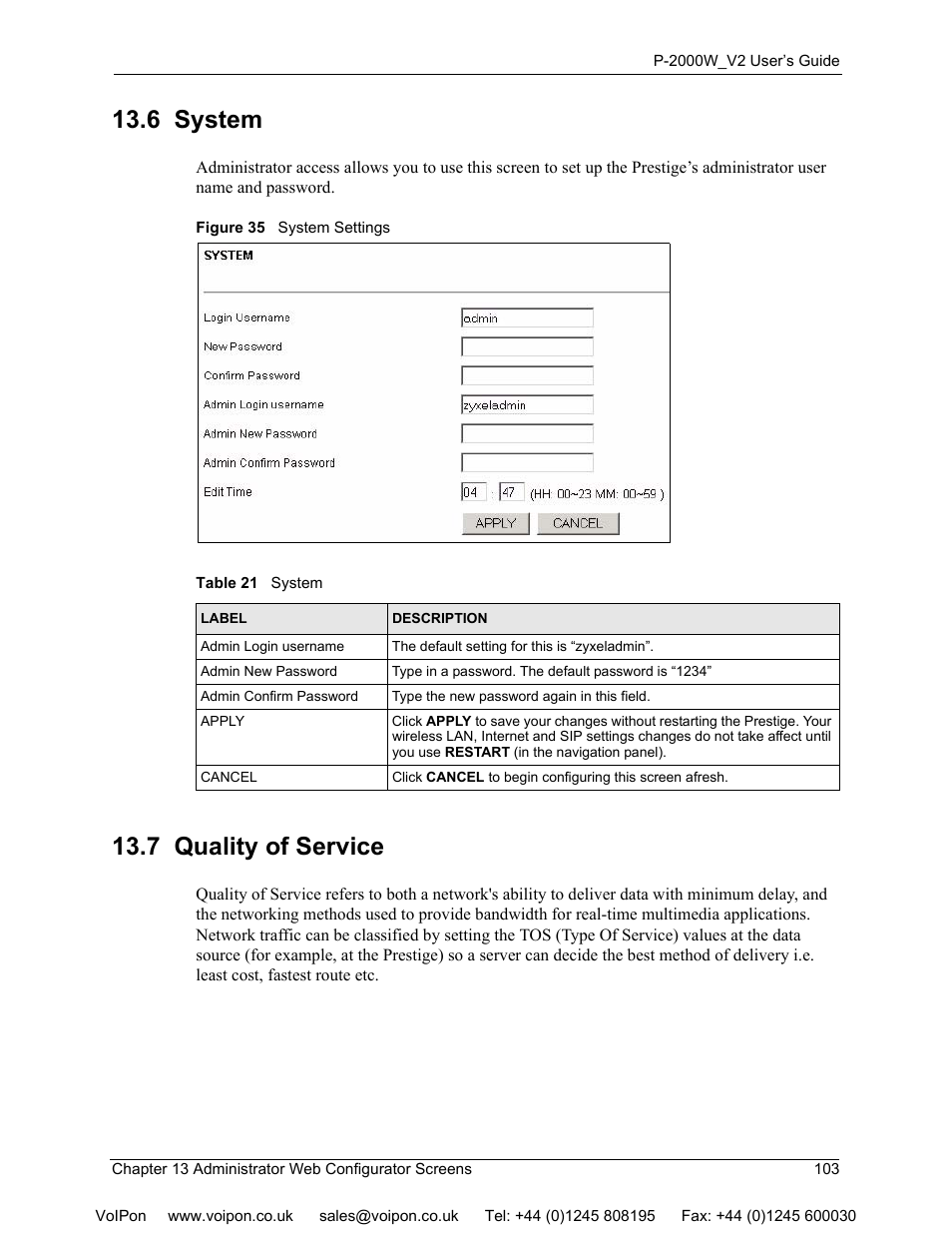 6 system, 7 quality of service, 6 system 13.7 quality of service | Figure 35 system settings, Table 21 system | ZyXEL Communications P2000W User Manual | Page 103 / 131
