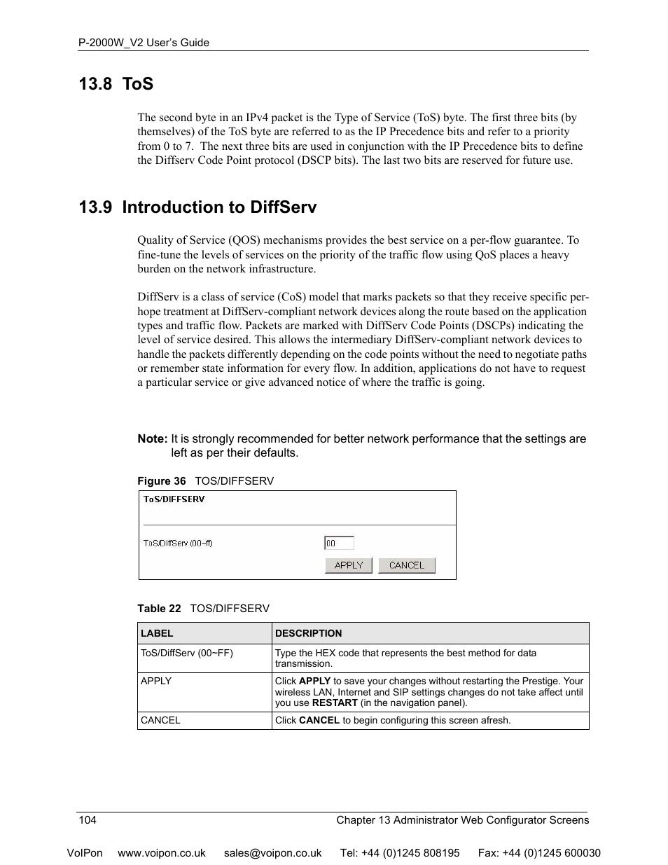 8 tos, 9 introduction to diffserv, 8 tos 13.9 introduction to diffserv | Figure 36 tos/diffserv, Table 22 tos/diffserv | ZyXEL Communications P2000W User Manual | Page 104 / 131
