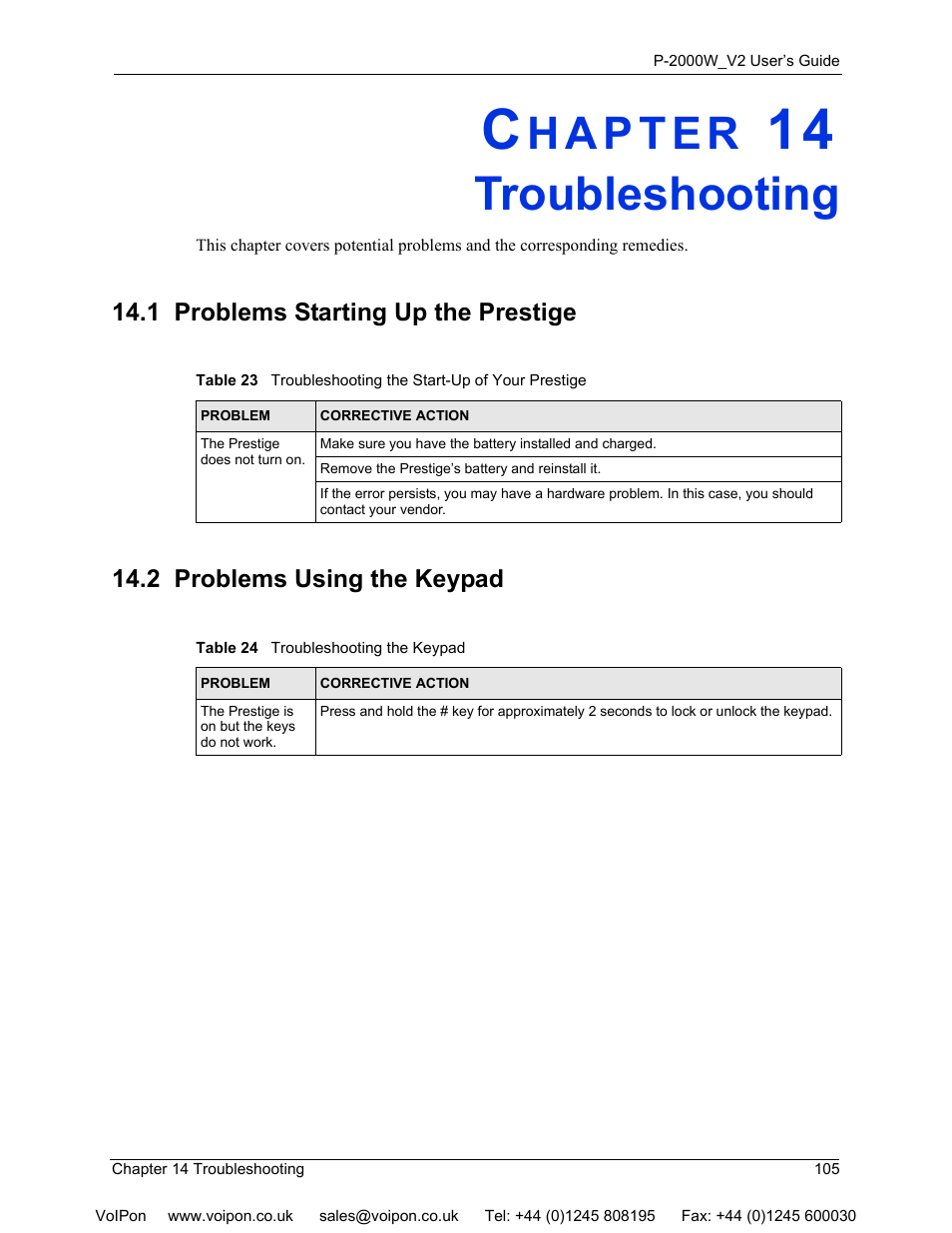 Troubleshooting, 1 problems starting up the prestige, 2 problems using the keypad | Chapter 14 troubleshooting | ZyXEL Communications P2000W User Manual | Page 105 / 131