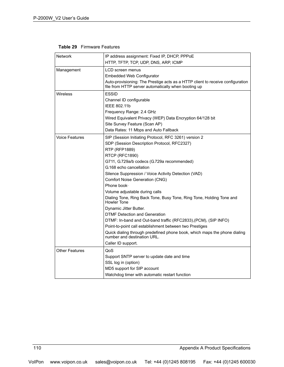 Table 29 firmware features | ZyXEL Communications P2000W User Manual | Page 110 / 131