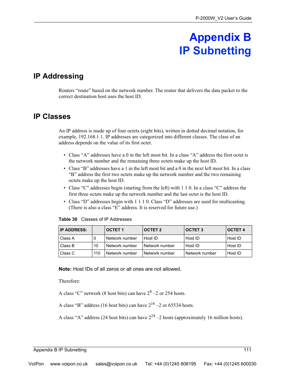 Ip subnetting, Appendix b, Ip addressing ip classes | Table 30 classes of ip addresses, Appendix b ip subnetting, Ip addressing, Ip classes | ZyXEL Communications P2000W User Manual | Page 111 / 131