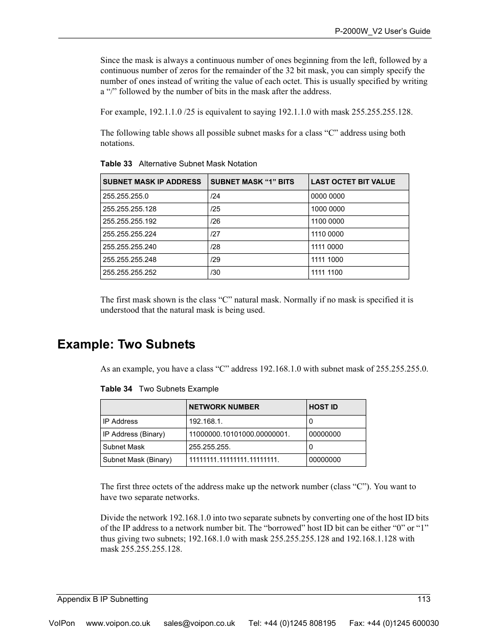 Example: two subnets | ZyXEL Communications P2000W User Manual | Page 113 / 131